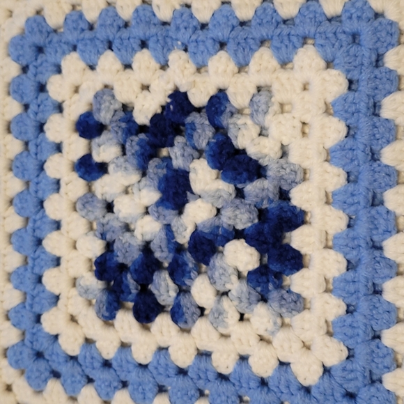 Handcrafted crochet blanket blue and white 85" x 66" - Picture 3 of 3